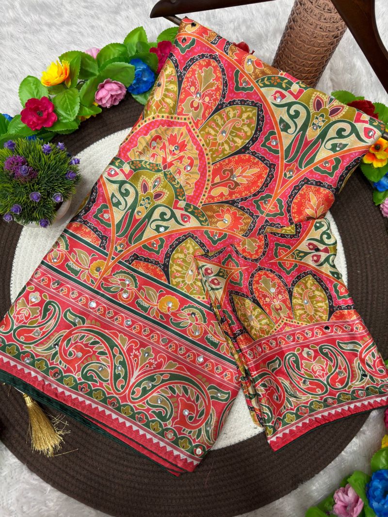 D No 211 By St Heavy Chinon Printed Handworked Saree
